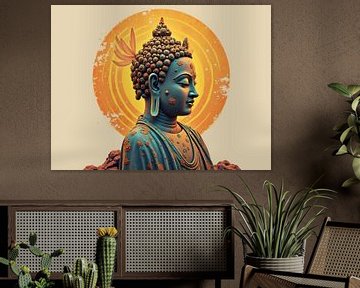 Turquoise boeddhabeeld dat tevoorschijn komt uit rotsen met oranje concentrische cirkels op de achtergrond van Markus Gann