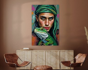 Portrait - junger Mann mit Echse