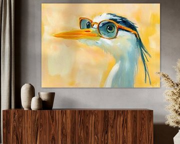 Vogel Bril | Vrolijke Reiger met Bril Schilderij van De Mooiste Kunst