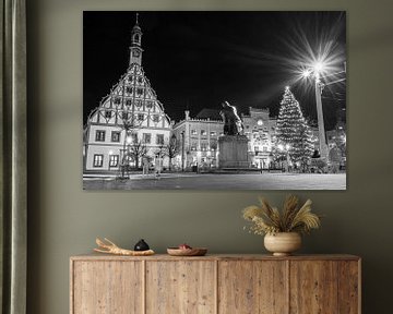 Straat in de oude stad van Zwickau met oud stadhuis en theater bij nacht Zwart-wit fotografie van Animaflora PicsStock