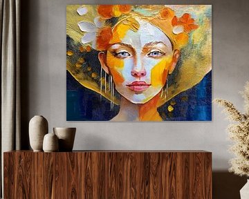 Modern portret van een vrouw in oranje en blauw van Studio Pieternel