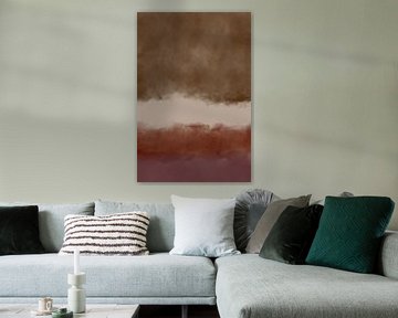 Minimalistisch landschap in bruin, wit, verbrand oranje en paars. van Dina Dankers
