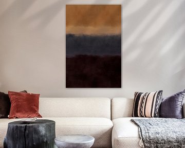 Zonsondergang. Minimalistisch abstract landschap in okergeel, blauw en bruin. van Dina Dankers