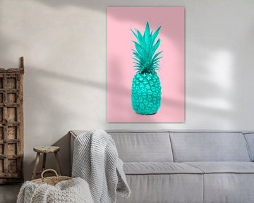 Design turquoise blue pineapple fruit standing on a pink backgro van Elles Rijsdijk