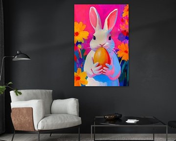 Cheerful Easter Bunny with Golden Egg by But First Framing