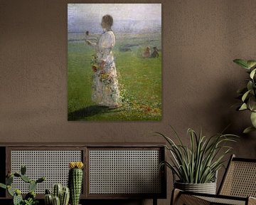 Mooi jong meisje loopt door de velden, een bloem in haar hand, Henri Martin