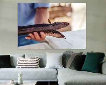een visboer presenteert gerookte paling van Studio17
