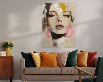 Modern abstract portret met roze en geel accent van Carla Van Iersel
