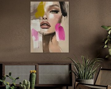 Modern abstract portret met roze en geel groen accent van Carla Van Iersel