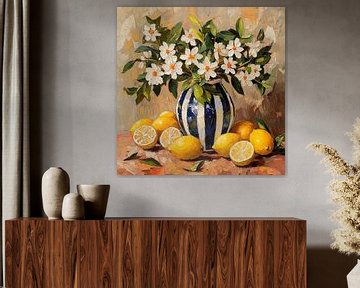 Een zonnig stilleven van bloemen en citroenen van Lauri Creates