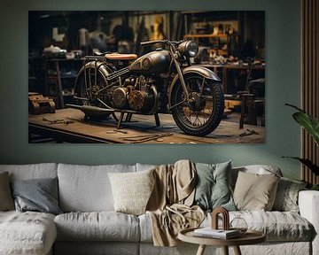 Vintage motorfiets in oude hangar retro ontwerp van Animaflora PicsStock