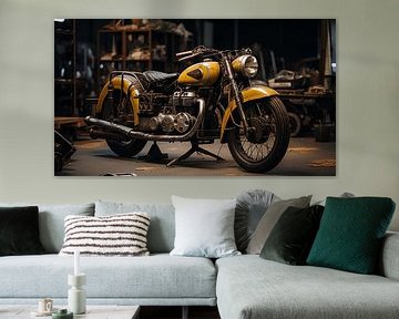 Yellow vintage motorbike in old hangar retro design by Animaflora PicsStock