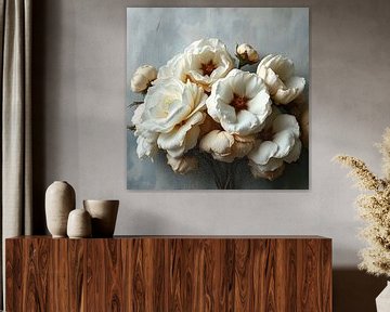 een bouquet witte romantische luxe pioen rozen. van J.a Dijkstra