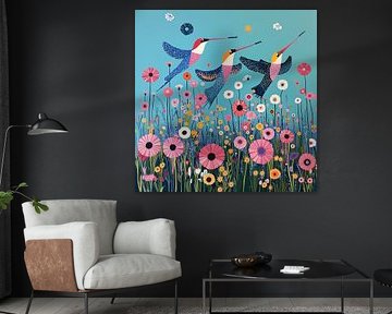 Là où les oiseaux jouent au-dessus des champs de fleurs sur Karina Brouwer