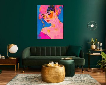 Kleurrijk Portret | Modern Vrouwenportret Blauw Roze van De Mooiste Kunst