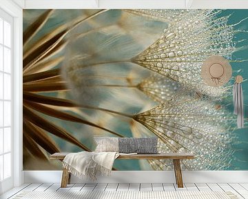 Gold - brown fluff with small water droplets with petrol background by Marjolijn van den Berg