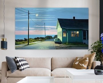 Huis aan de kust met klassieke auto jaren vijftig van Vlindertuin-Art
