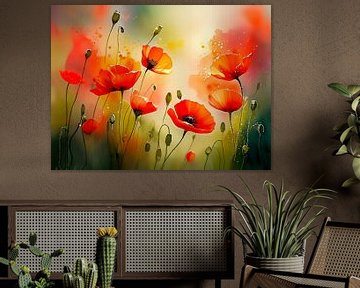 Sfeervol schilderij van klaprozen in de zon van Studio Pieternel