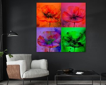 Collage painting of 4 poppies in bright hues