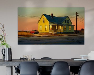 Huis bij zonsondergang – filmische Americana wanddecoratie van Vlindertuin-Art