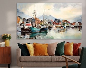 Havengezicht met boten en bergen in Scandinavisch dorp