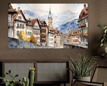 Aquarel bergstadje in Alpen berglandschap