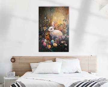 Schilderachtig mooi paas schilderij - Pasen, paashaas, lente en bloemen van Mel Digital Art