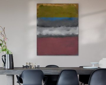 Mosterdgeel, blauw, grijs, wit, rood. Kleurenveldschilderij geïnspireerd door Mark Rothko. van Dina Dankers