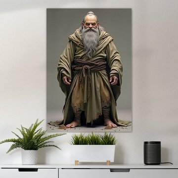 Digitale rendering van een oudere man in een olijfgroene mantel