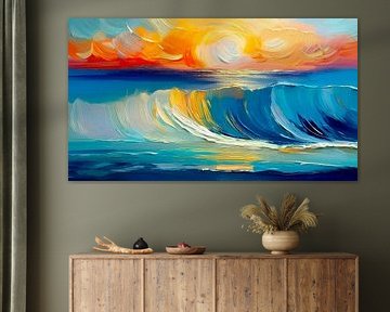 Soleil sur la mer avec de hautes vagues. Peinture abstraite colorée sur Studio Pieternel