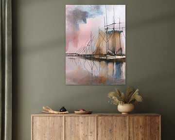 Aquarel schilderij: Hollands Havenzicht. van Studio Pieternel