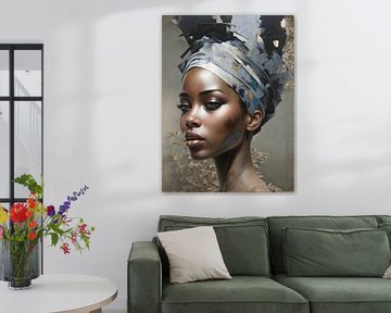 African woman with blue headscarf dark background by Jack Schoneveld