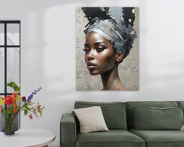 African woman with blue headscarf light background by Jack Schoneveld