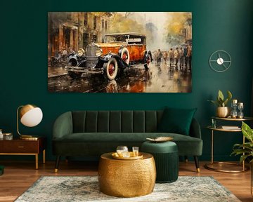 Red old vintage car driving through the streets of a city in the 1920s Painting Art Design by Animaflora PicsStock