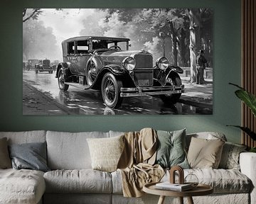 Old vintage car driving through the streets of a city in the 1920s painting art design black and white photography by Animaflora PicsStock