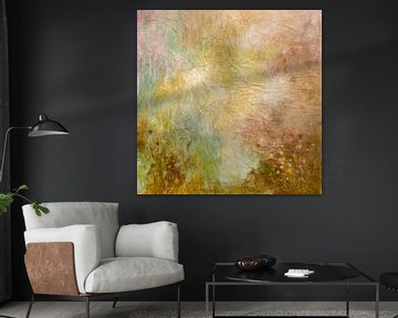Abstract schilderij, bloemenweide, aardetinten, roze en paars
