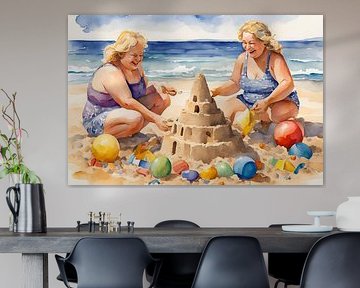 2 femmes sociables construisent un château de sable