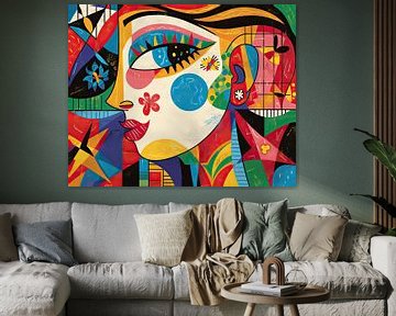 Bloem Vrouw | Vrouw Met Bloem en Abstracte Achtergrond van OMG Art