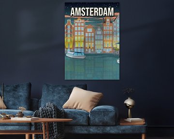 Amsterdam Grachten Nacht Reisposter - Vintage Reclamestijl van Jorn van Hezik