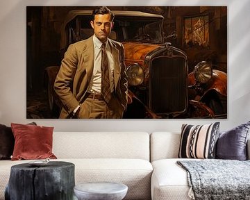 Independent American man. Old American 1920 years old vintage car, art deco painting illustration design by Animaflora PicsStock