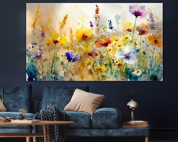 Kleurrijk schilderij met wilde bloemen in het gras van Studio Pieternel
