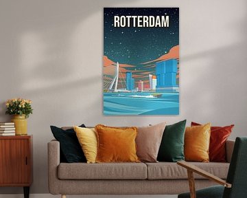 Rotterdam Nacht Stadsgezicht Reisposter - Vintage Reclamestijl van Jorn van Hezik