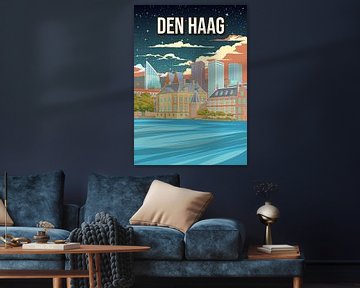 Den Haag Nacht Reisposter - Vintage Reclamestijl van Jorn van Hezik