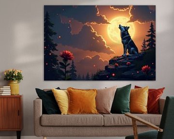 Wolf huilt bij maan met bloemen en bos van Markus Gann