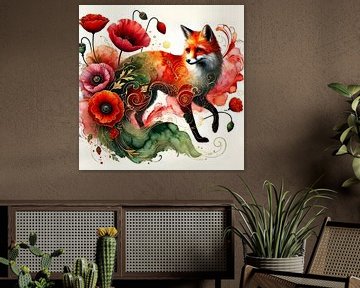 Vurig Verhaal – Vos en Klaprozen Kunst van Manuela Dekkers