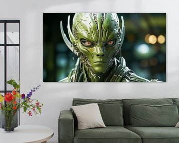 Portret van een futuristische groene buitenaardse cyborg man met rode ogen van Animaflora PicsStock