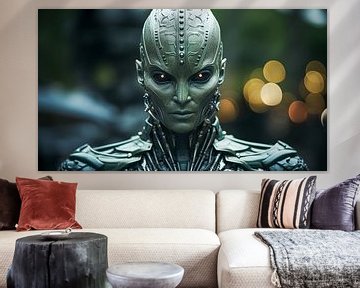 Portret van een futuristische groene buitenaardse machine cyborg man met gele ogen van Animaflora PicsStock