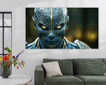 Portret van een futuristische blauwe buitenaardse machine cyborg man met gele ogen van Animaflora PicsStock