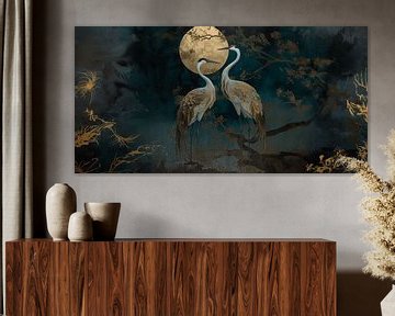 Elegante Kraanvogels bij Maanlicht – Mystiek en Luxe Wandkunst