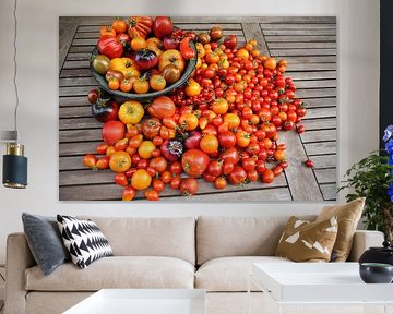 Veel verschillende soorten tomaten, stilleven
